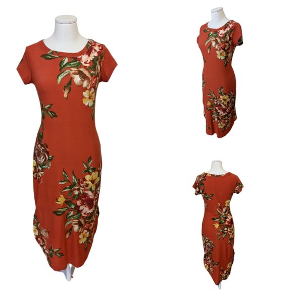 Cleo Red Floral T Shirt Dress Soft Summer Stretch Bodycon Cottage Size M - Picture 1 of 9